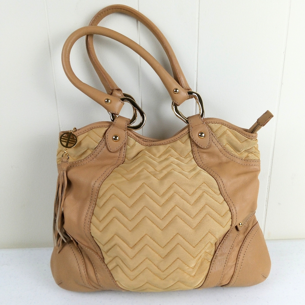Via Spiga Shoulder Bag Double Strap Hobo Chevron Quilted Tan Fabric and Leather